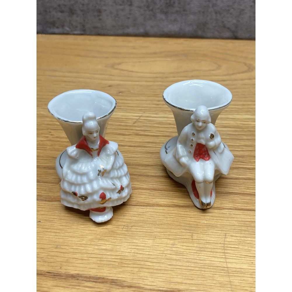 Pair of Porcelain Vintage Toothpick Holders Figure of Man and Woman Marked Japan